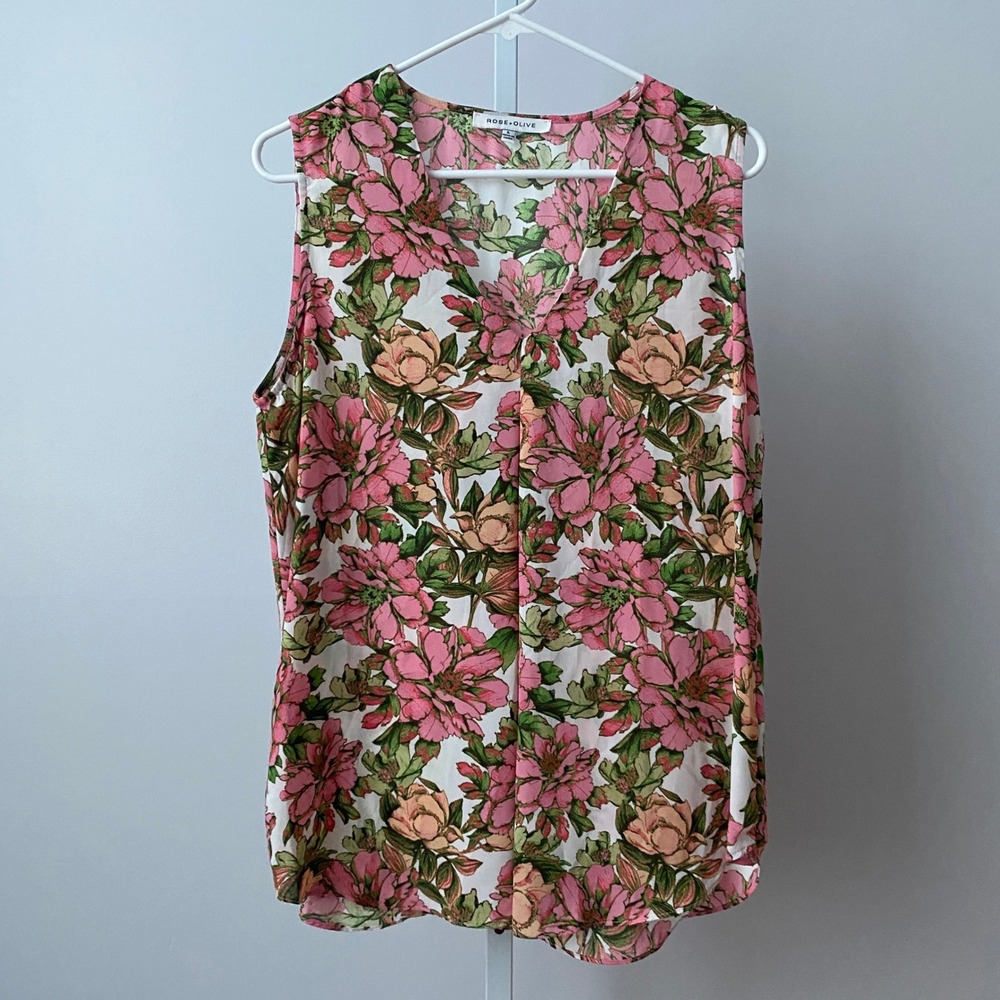 Rose + Olive Floral Boho Beachy Relaxed Dainty Sleeveless V-Neck Top Large Pink